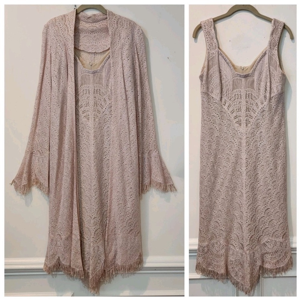Damianou Ivory‎ Pink Lace 2 Pc Dress Set Fringe Jacket Flapper Art Deco Gatsby M